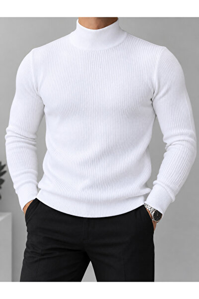 Ramires Men's White Slim Fit Half Turtleneck Knitwear Sweater