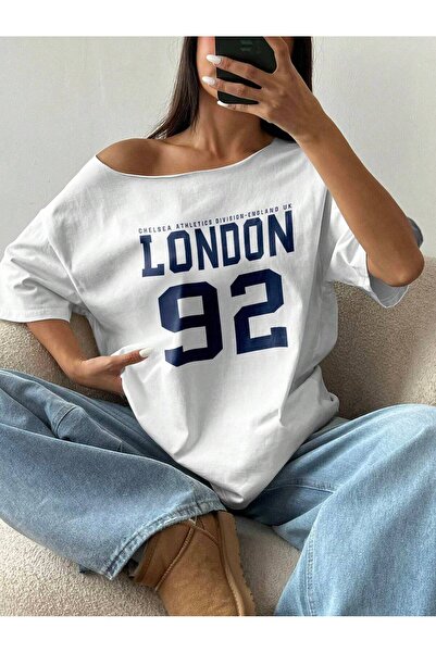 PALPİTO Women's White London Printed Boat Neck T-Shirt