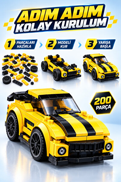 İlknurtoys 200 Parça 2’si 1 Arada Lego Uyumlu Yarış Arabası Yapım Seti Geri Çek Bırak 6+ Yaş – Sarı