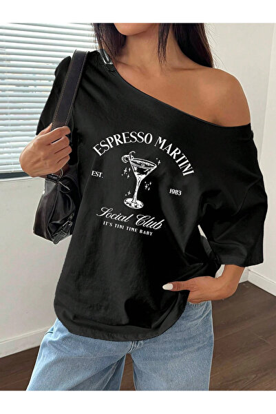 PALPİTO Women's Black Espresso Martini Printed Boat Neck T-Shirt