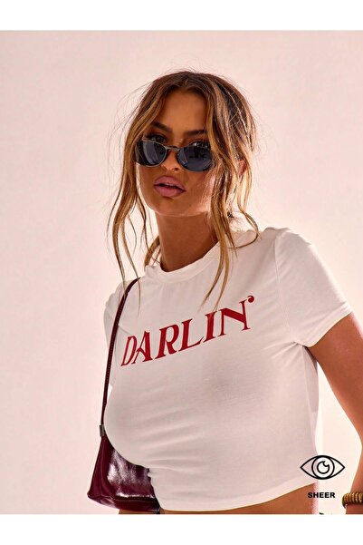 PALPİTO Women's White Darlin Printed Crew Neck Slim Crop Tshirt