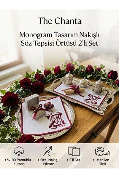 Kişiye Özel Nakışlı Söz Nişan Tepsisi Örtüsü Monogram Tasarım 2li Set