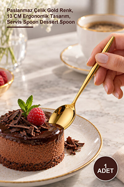 Yenilig 1 Piece Dessert Spoon Set – Stainless Steel Gold Color, 13 cm Ergonom...