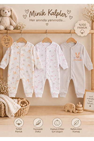 NOTA KİDS Organic 100% Cotton Newborn Baby Long Sleeve Set of 3 Rompers