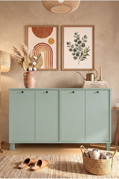 Yurudesign Nord Konsol 4 Kapaklı Ahşap Ayaklı 120cm Ihlamur Yeşili ND2-Y
