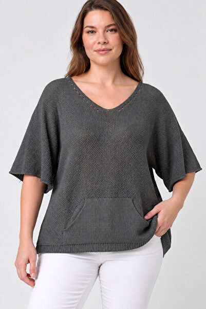 EtkiModa Women's Italian Style Bat Sleeve Oversize Mercerized Knitwear Blouse