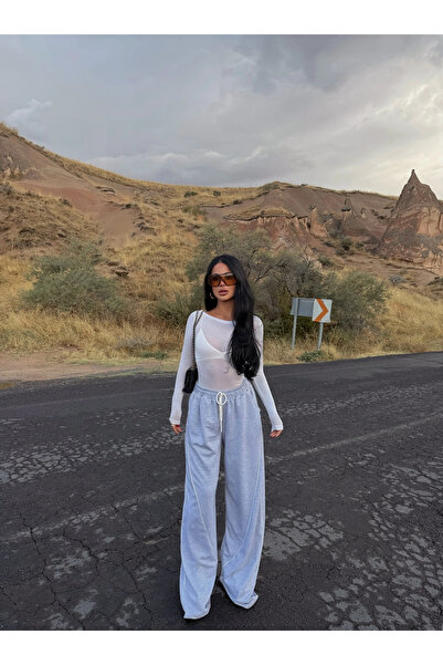 kırmızı butiks Gray Ribbed Palazzo Tracksuit