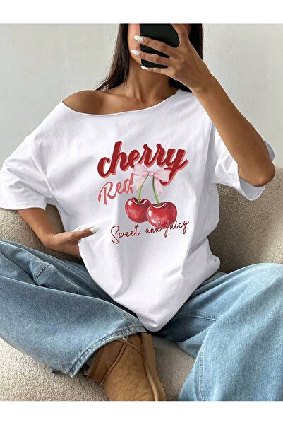 PALPİTO Women's White Cherry Red Printed Boat Neck T-Shirt