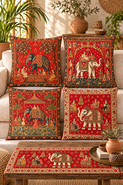 stellahomes Indian Patterned Elephant Motif 4-Piece Decorative Throw Pillow C...