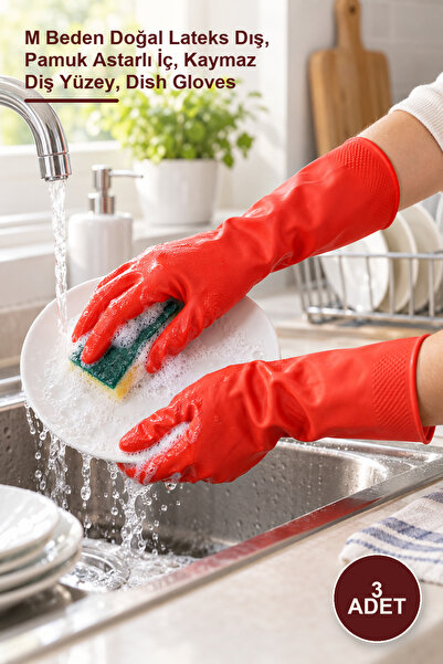 Yenilig 3 Pieces Dishwashing and Cleaning Gloves – Size M, Natural Latex Outs...