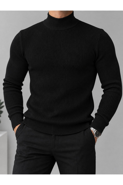 Ramires Men's Black Slim Fit Half Turtleneck Knitwear Sweater