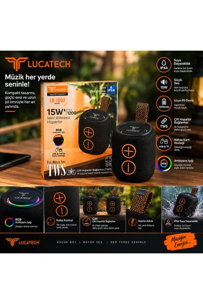 Genel Markalar LUCATECH LB-1002 Bluetooth Hoparlör 15W TWS RGB Işıklı 1200mAh...