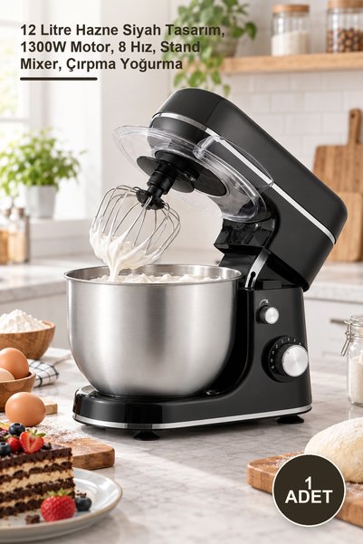 Yenilig 1 Adet Standlı Mikser – 12 Litre Hazne Siyah Tasarım, 1300W Motor, 8 Hız, Stand Mixer, Çırpma Yoğurma