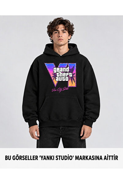 GTA VI Baskılı Unisex Oversize Kapüşonlu Sweatshirt Siyah Kanguru Cepli 3 İplik İçi Şardonlu Hoodie
