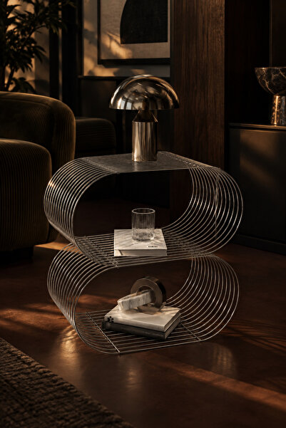 boz concept home Orbita Metal Yan Sehpa,2 Parça Raflı Oval Tel Tasarım, Dergi...