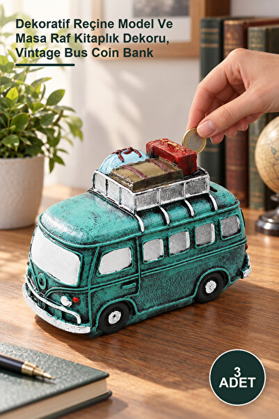 Yenilig 3 Pieces Nostalgic Bus Figurine Piggy Bank – Decorative Resin Model a...
