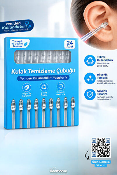 MCA Deerhome 3 Paket Yapışkan Silikon Uçlu Kulak Temizleme Çubuğu 24'lü Yıkanabilir Tekrar Kullanılabilir Hijyenik Çubuk (3x24'lü)