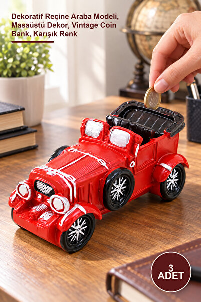 Yenilig 3Pcs Retro Striped Classic Car Figurine Piggy Bank – Decorative Resin...