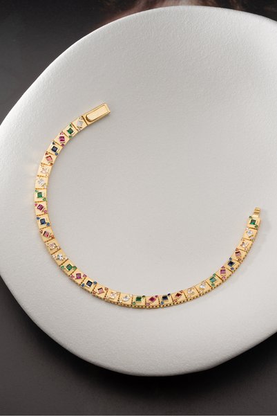 Silvano Jewelry 925 Ayar Gümüş Renkli Baget Taşlı Altın Model Bileklik