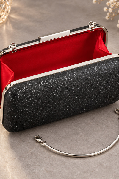 LAREON Women's Black Glittery Metal Handle Box Shape Evening Dress Clutch Bag Mlu8007