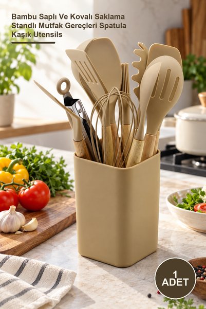 Yenilig 1 Piece Silicone Kitchen Utensil Set – Kitchen Utensils with Bamboo H...