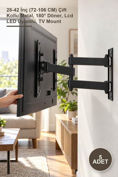 5 Adet Hareketli TV Duvar Askı Aparatı – 28-42 İnç (72-106 CM) Çift Kollu Metal, 180° Döner, Lcd LED Uyumlu, TV Mount