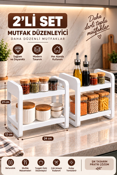 SürLaz 2’li Set Ahşap Mutfak Tezgah Üstü Organizer Raf – 2 Katlı Vidalamasız ...
