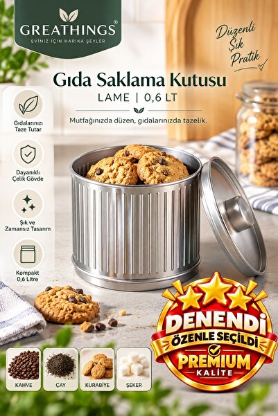 Greathings 0,6 L Lame Metal Gıda Saklama Kutusu Kapaklı Çay Kahve Baharat Kab...