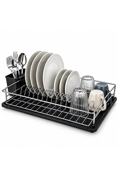 Krom Tek Katlı Metal Bulaşıklık Tepsili Kaşıklıklı Tezgah Üstü Tabaklık Kurutma Standı