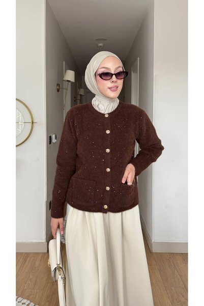 Nes Moda Kadın Sim Detaylı Önü Düğmeli Angora Tesettür Triko Hırka