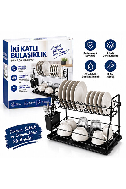 Go İthalat SİYAH - METAL 2 KATLI TABAKLIK - BULAŞIKLIK (5673)