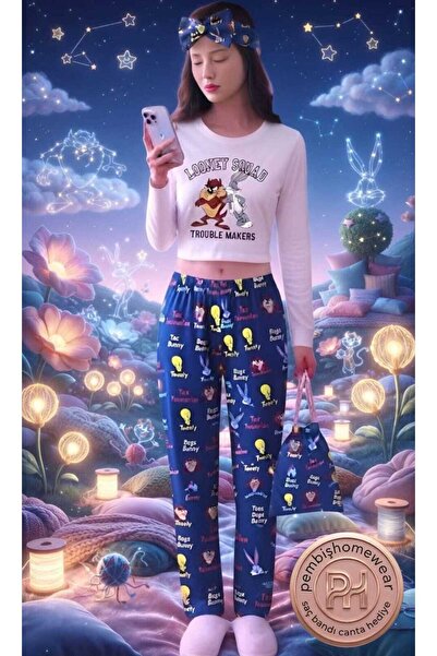 PEMBİŞ HOMEWEAR Retro Longsleeve Crop & Pantolon Set Icon Pijama Takımı Loone...
