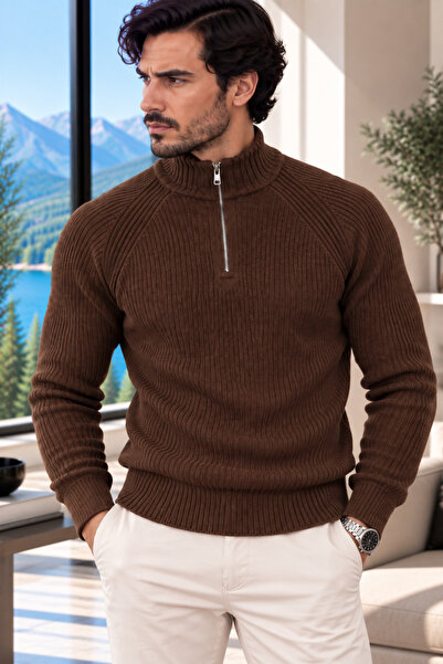 Cherry Butik Half Zipper Detailed Raglan Sleeve Men's Basic Knitwear Sweater