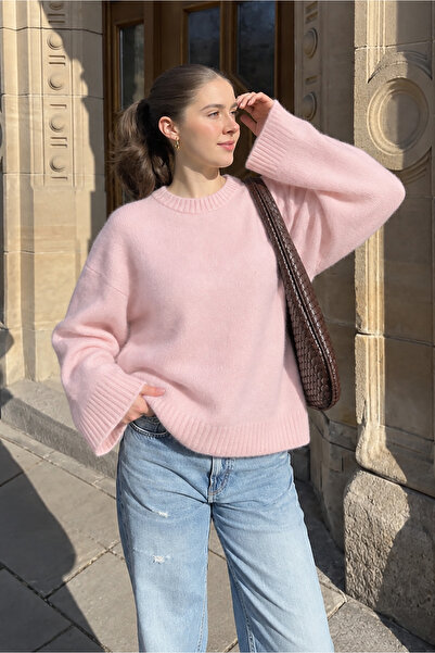 Butik Kadın Pembe Bisiklet Yaka Oversize Triko Kazak NNS030