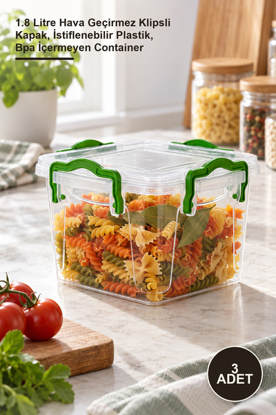 Yenilig 3 Pieces Square Storage Box – 1.8 Liter Airtight Clip-On Lid, Stackab...
