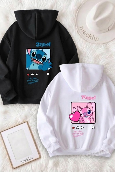 macklin Unisex Sevgili Çift Kombini Stitch ve Angel Friends Love SIRT Baskılı...