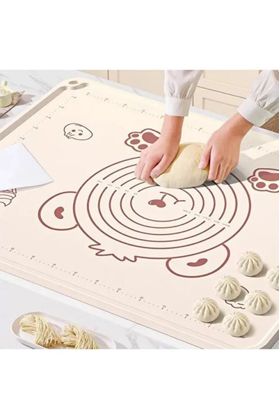 Generic Brand Cream Color Silicone Dough Rolling Mat 50 × 70 cm – Large Dough Preparation Mat with Printed Bear Pattern – 1 Piece