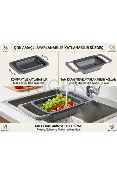 Tucera Adjustable Foldable Sink Strainer – 6.3 Liter Large Capacity Fruit, Vegetable, and Pasta Strainer (Anthracite Grey)