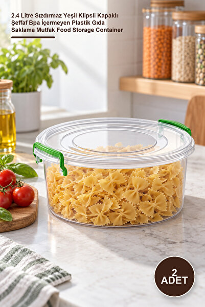 Yenilig 2 Pieces Round Storage Box - 2.4 Liter Leak-Proof Green Clip-On Lid T...