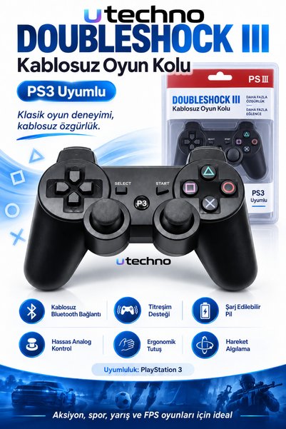 utechno PlayStation 3 PS3 Uyumlu Kablosuz Bluetooth Oyun Kolu – DoubleShock I...