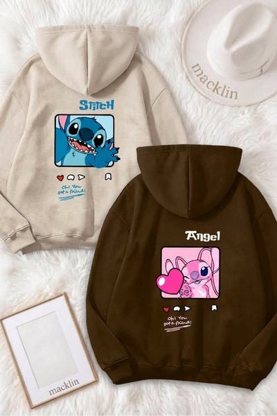 macklin Unisex Sevgili Çift Kombini Stitch ve Angel Friends Love SIRT Baskılı...
