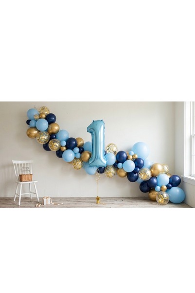 Öztürkpartievi Light Blue, Navy Blue & Gold Confetti Balloon Chain Concept Se...