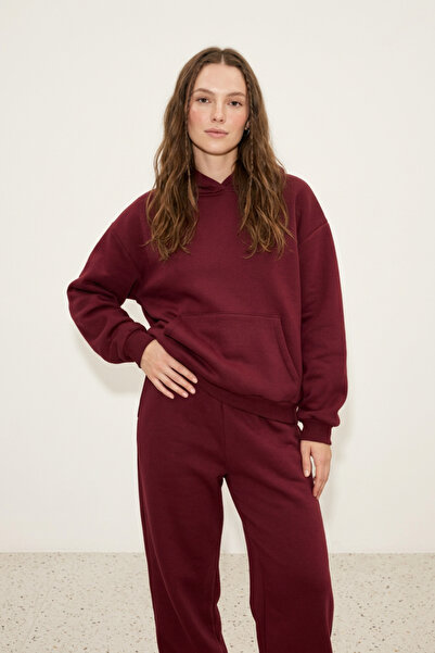 Runades Kadın Pamuklu Kapüşonlu Cepli Oversize Sweatshirt Eşofman Takımı