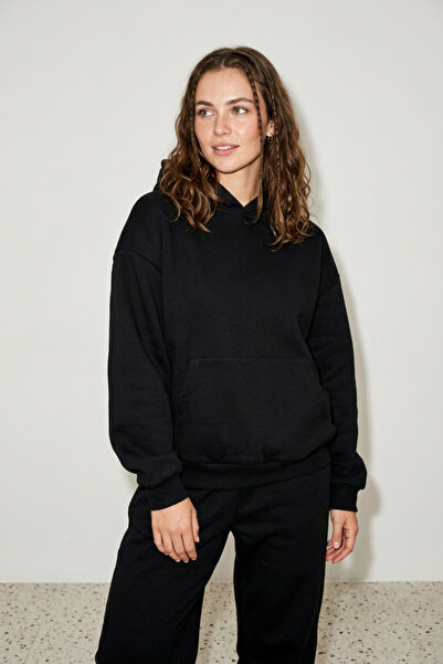 Runades Kadın Pamuklu Kapüşonlu Cepli Oversize Sweatshirt Eşofman Takımı