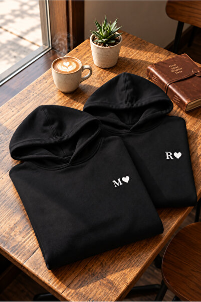 genosha Kişiye Özel Baş Harf Baskılı Çift Hoodie Sevgili Kombini Siyah Unisex...