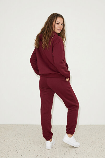 Runades Kadın Pamuklu Kapüşonlu Cepli Oversize Sweatshirt Eşofman Takımı