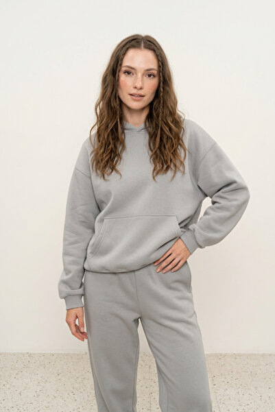 Runades Kadın Pamuklu Kapüşonlu Cepli Oversize Sweatshirt Eşofman Takımı