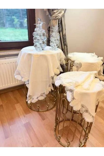 Generic Brand Çeyizlik Flowers Model Beige 5 Piece Linen Lace Tablecloth Set ...