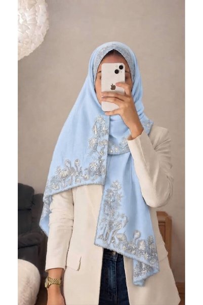Veil Designer Baby Blue Embroidery Three-Cornered Fabric Shawl Japanese Fabri...