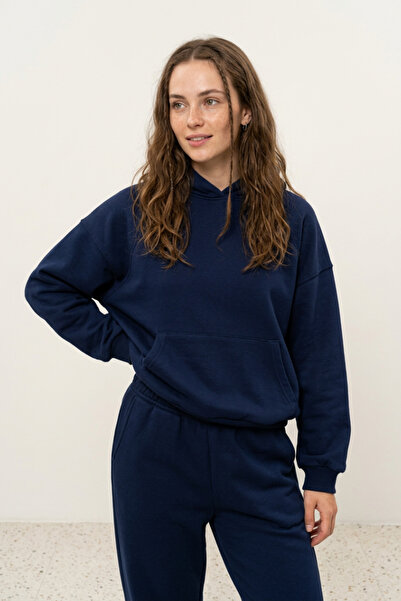 Runades Kadın Pamuklu Kapüşonlu Cepli Oversize Sweatshirt Eşofman Takımı